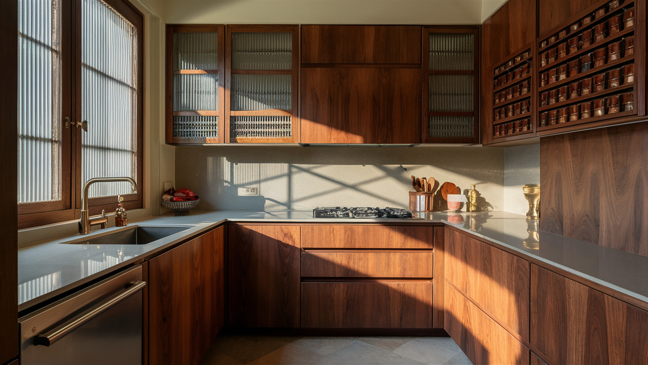 Warm wooden kitchen with U-shaped layout, glass cabinets, and built-in spice rack storage
