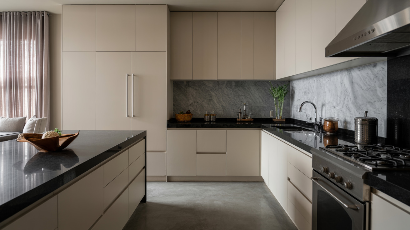 Modern kitchen granite design with sleek black counters and soft beige cabinetry
