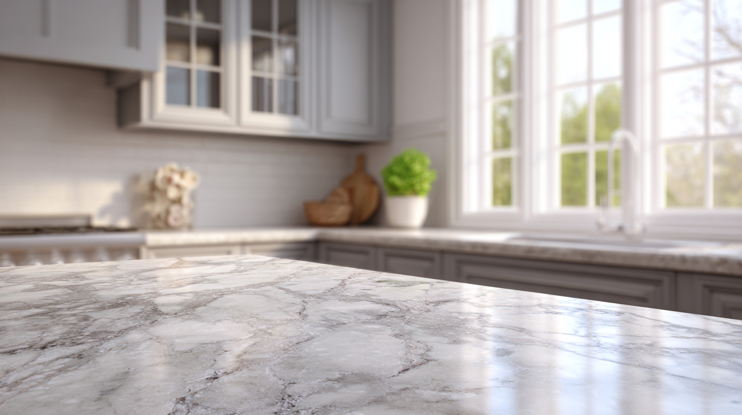 Close-up kitchen granite design with polished white marble-style countertop finish
