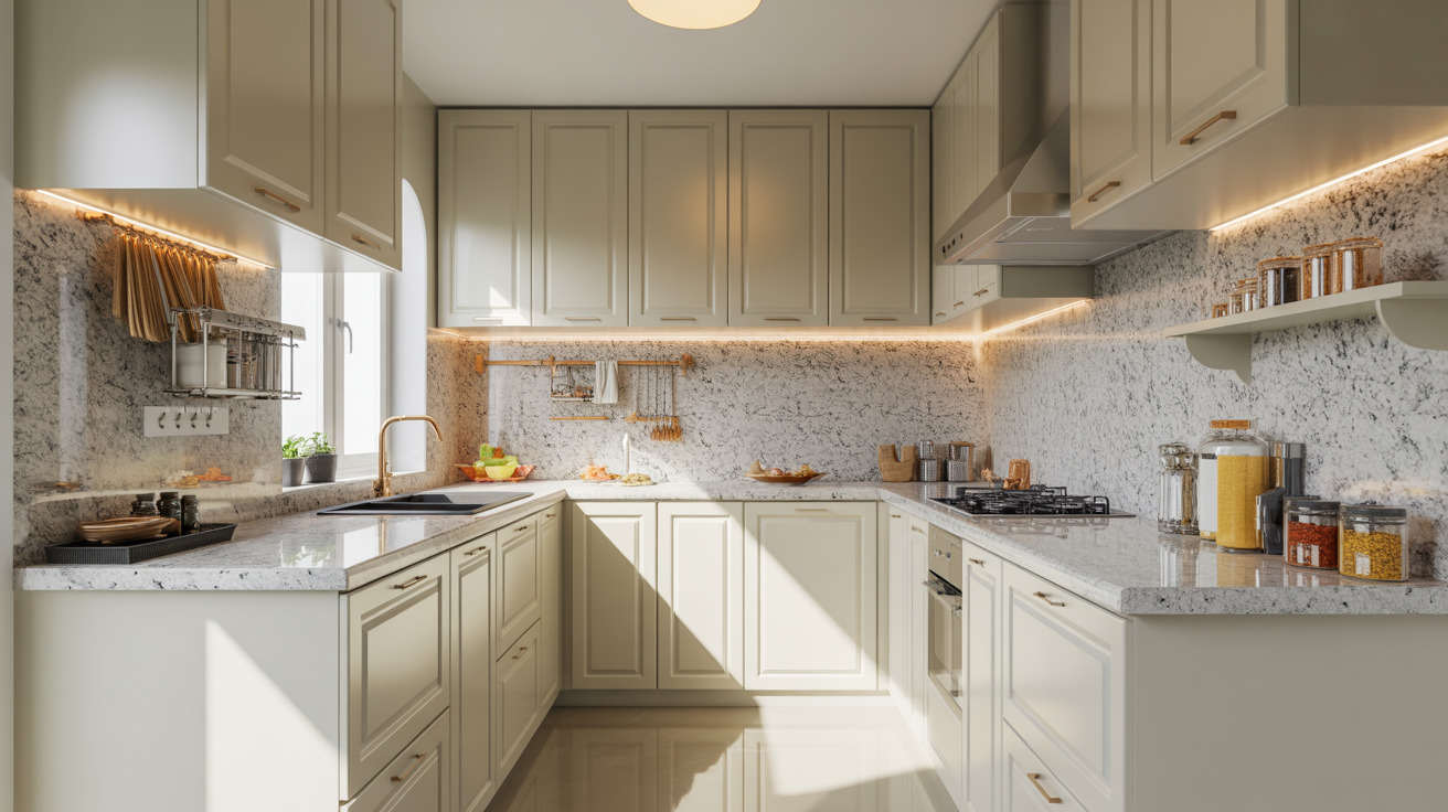 Elegant kitchen granite design with soft cream cabinets and subtle grey stone finish