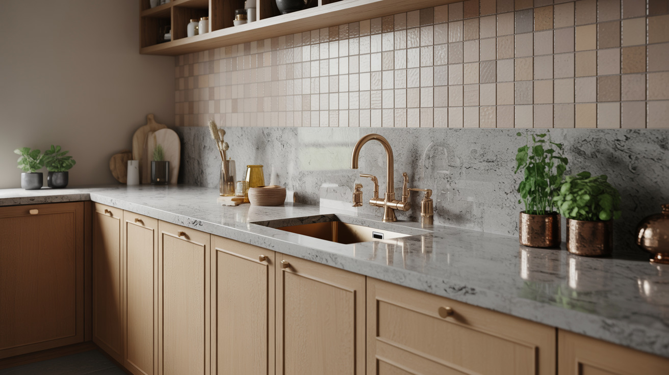 Minimalist kitchen granite design with soft grey stone and warm wooden cabinets