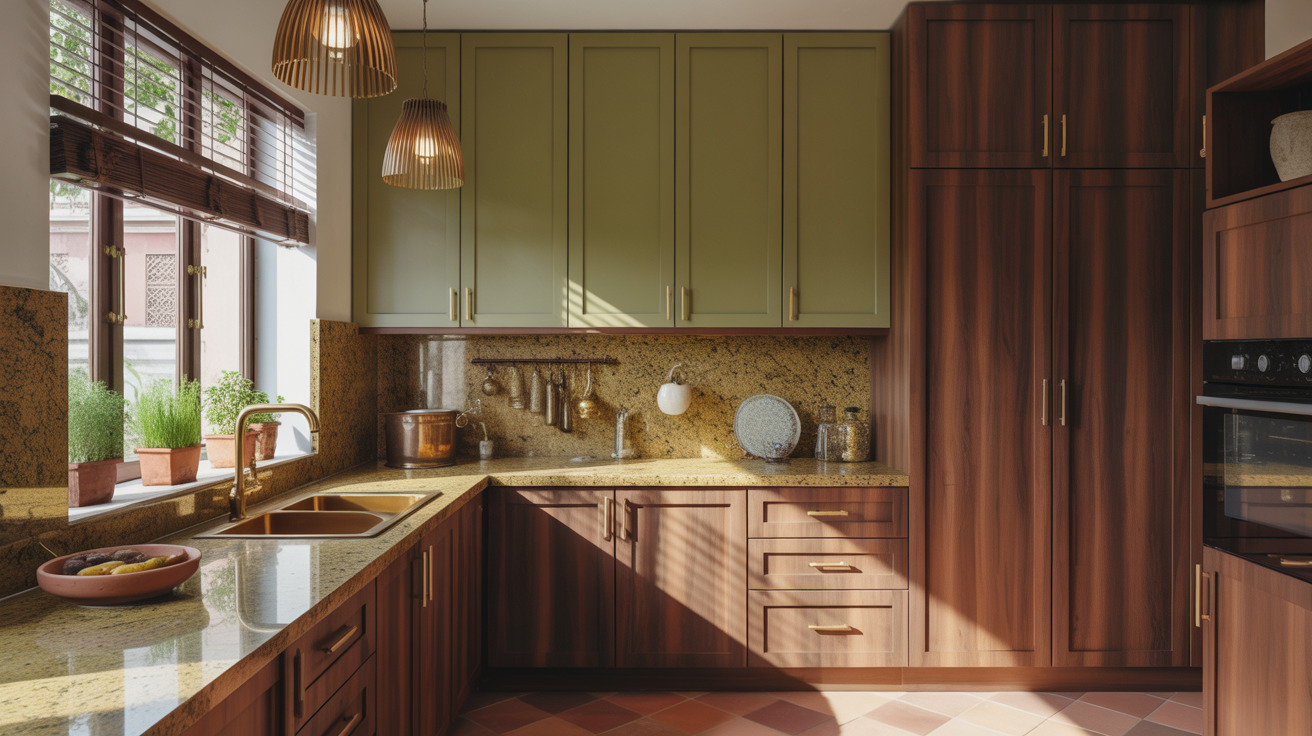 Rustic kitchen granite design with golden counters and green wooden cabinetry