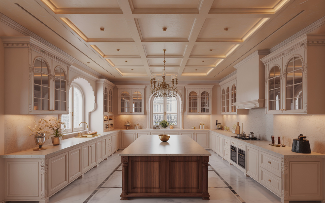 Luxury kitchen false ceiling design with coffered panels and chandelier