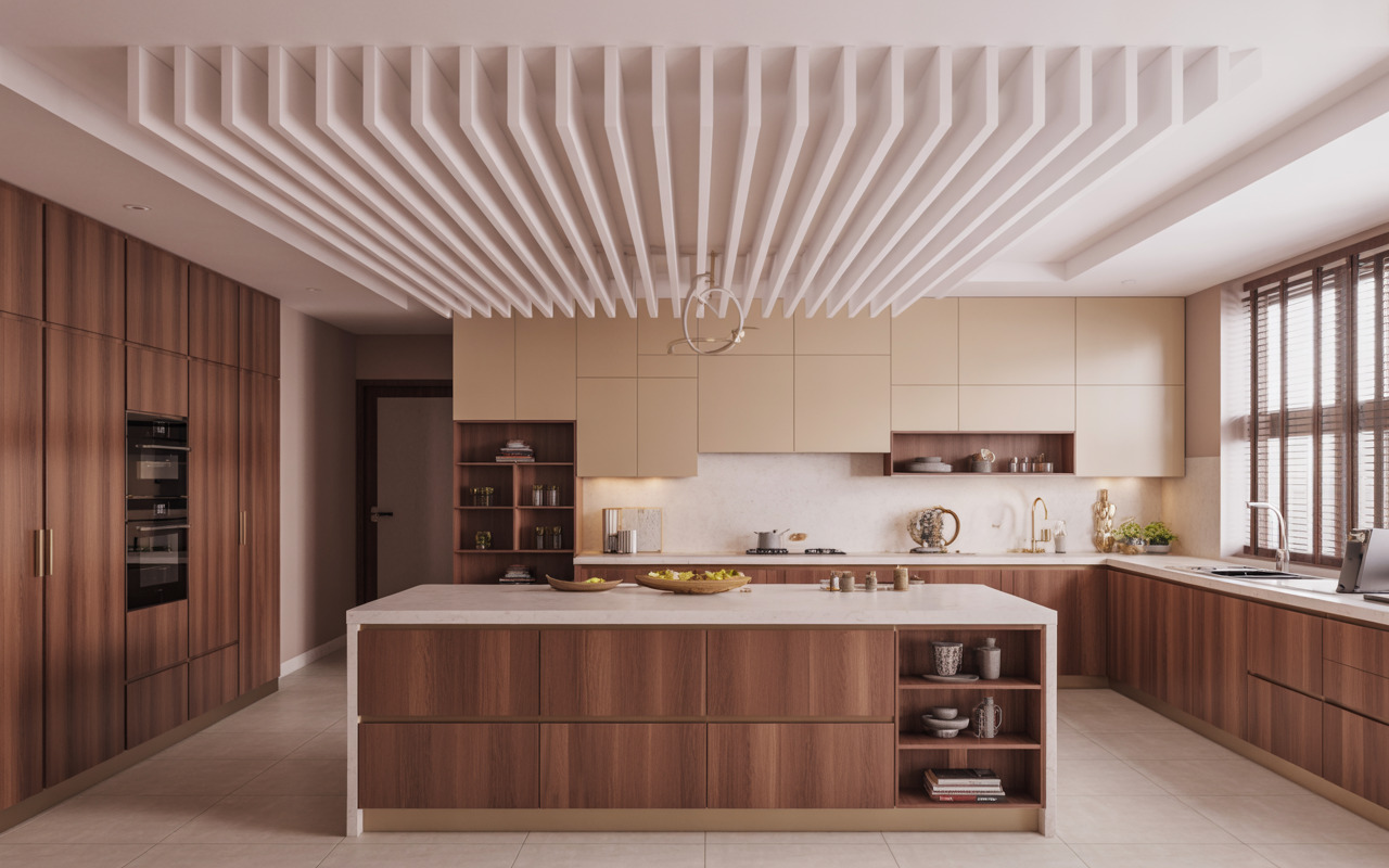 Striking kitchen false ceiling design with modern vertical acoustic baffles