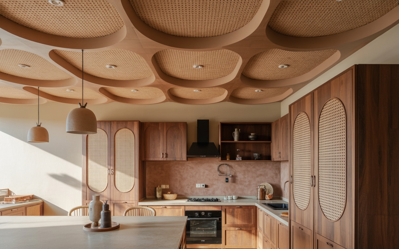 Rustic kitchen false ceiling design with cane acoustic panel inserts