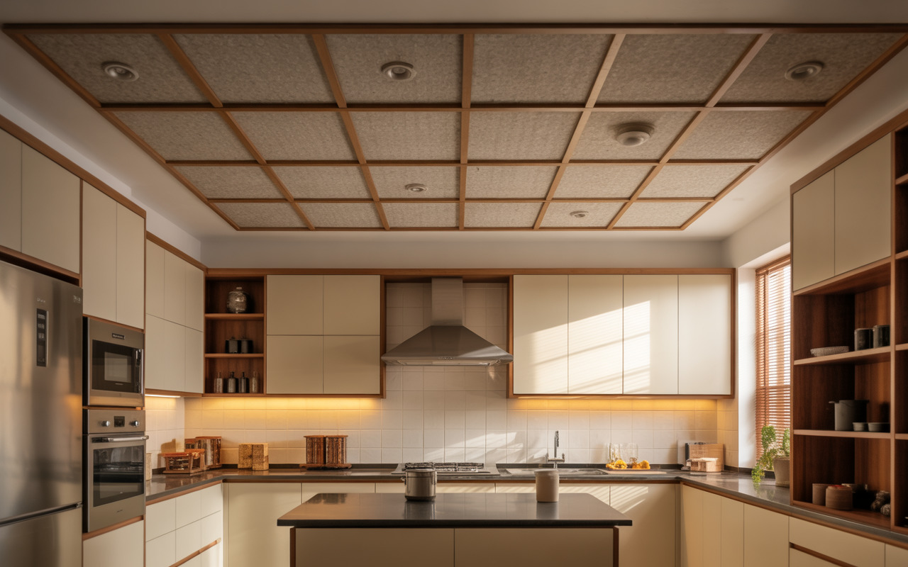 Classic kitchen false ceiling design with wooden grid and acoustic panels