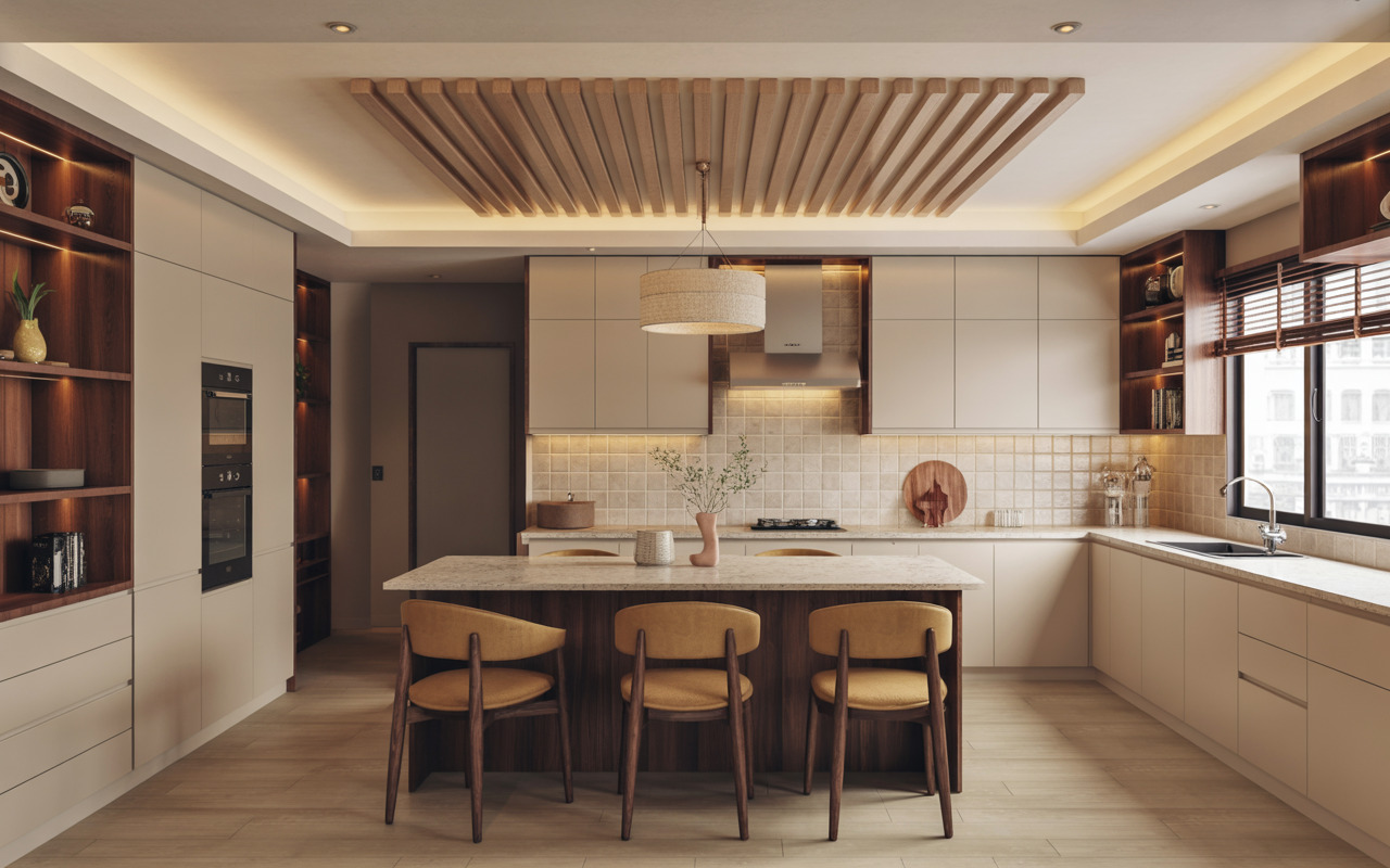 Warm kitchen false ceiling design with wooden slat baffles and LED cove lights