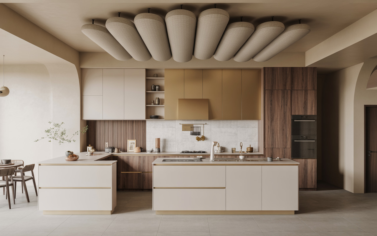 Elegant kitchen false ceiling design with oval suspended acoustic canopies