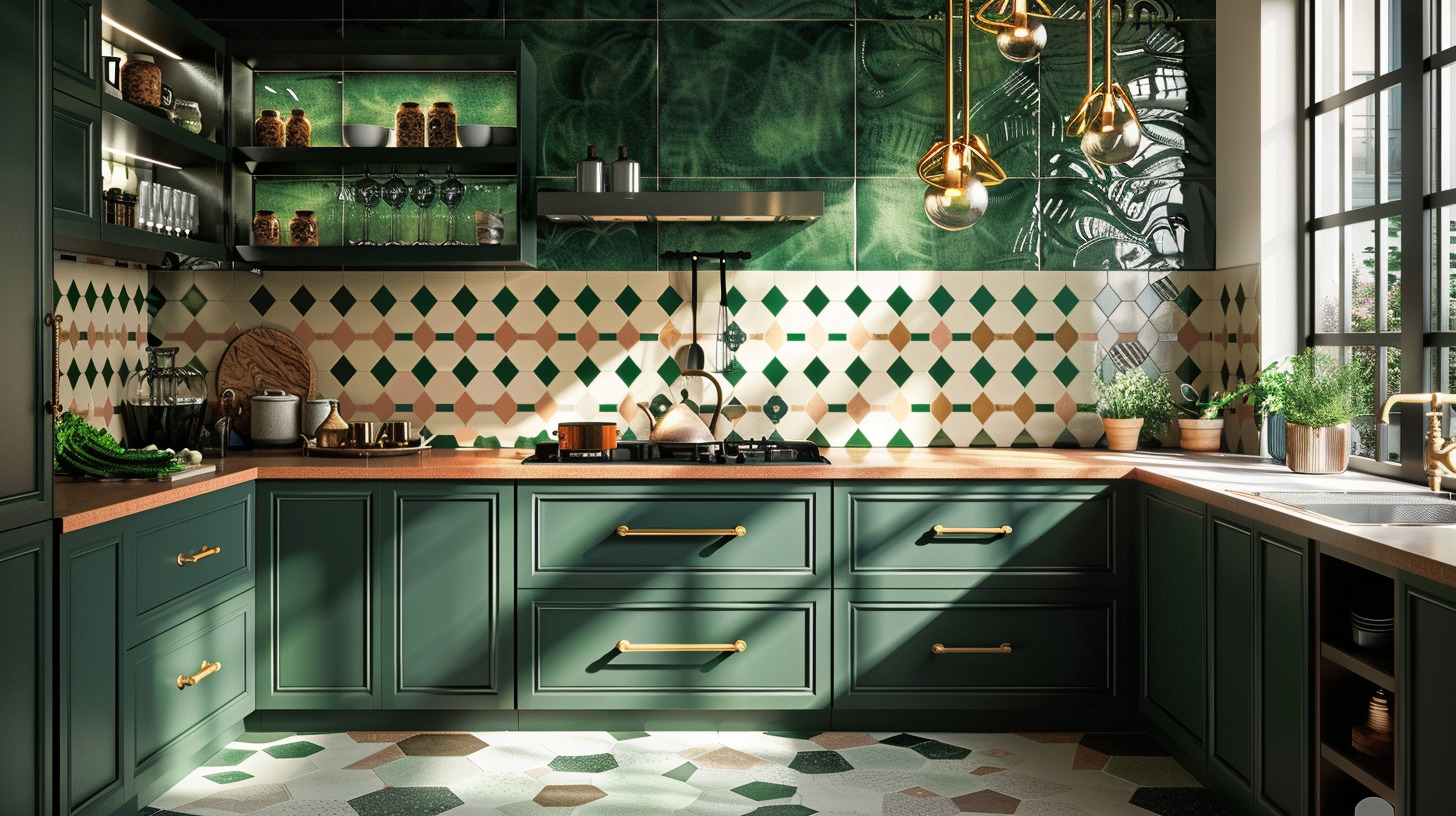 Eclectic modern kitchen tiles design with green and beige geometric backsplash
