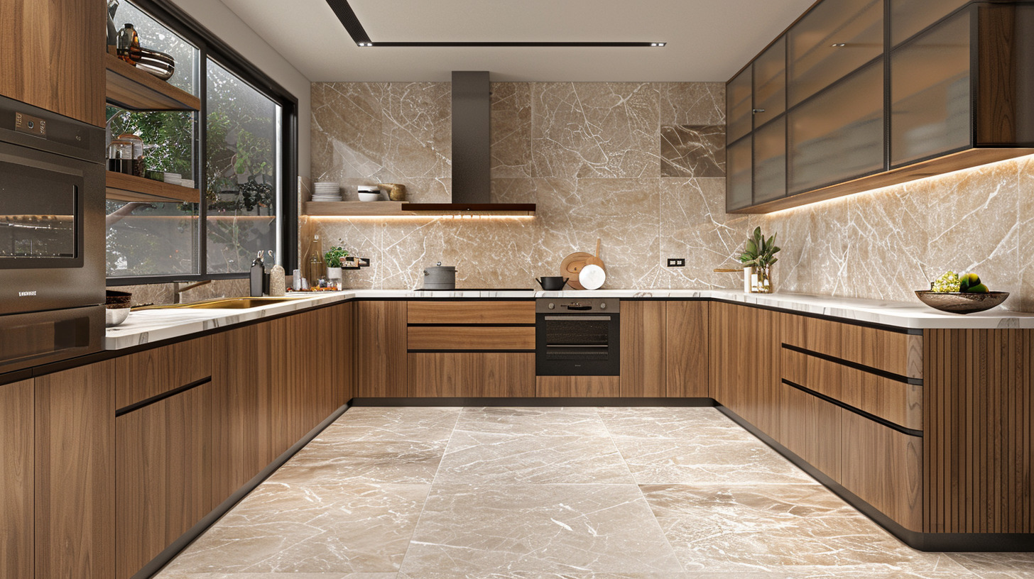 Wooden finish modern kitchen tiles design with glossy marble textures