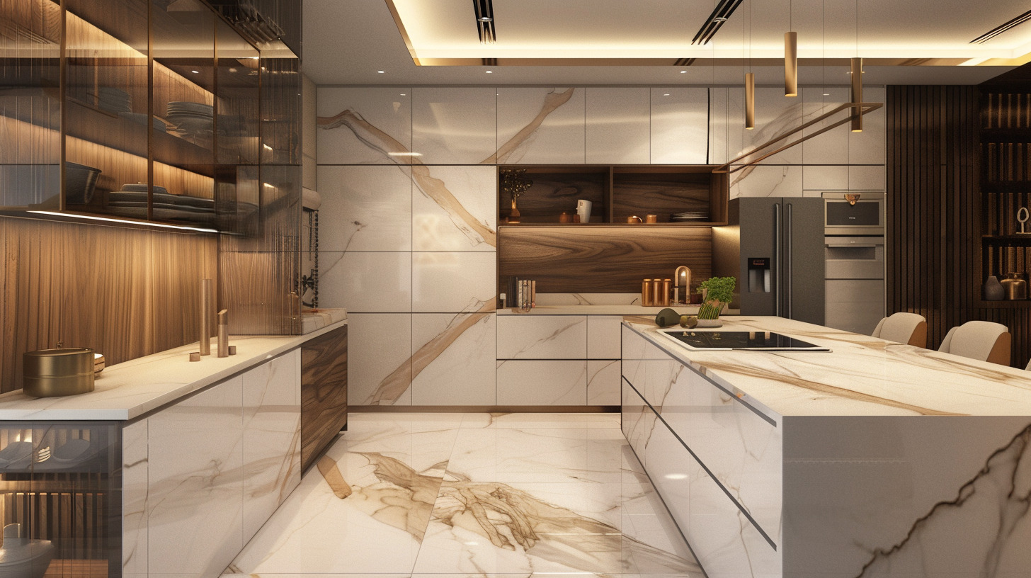 Glossy modern kitchen tiles design with marble veins and wood textures