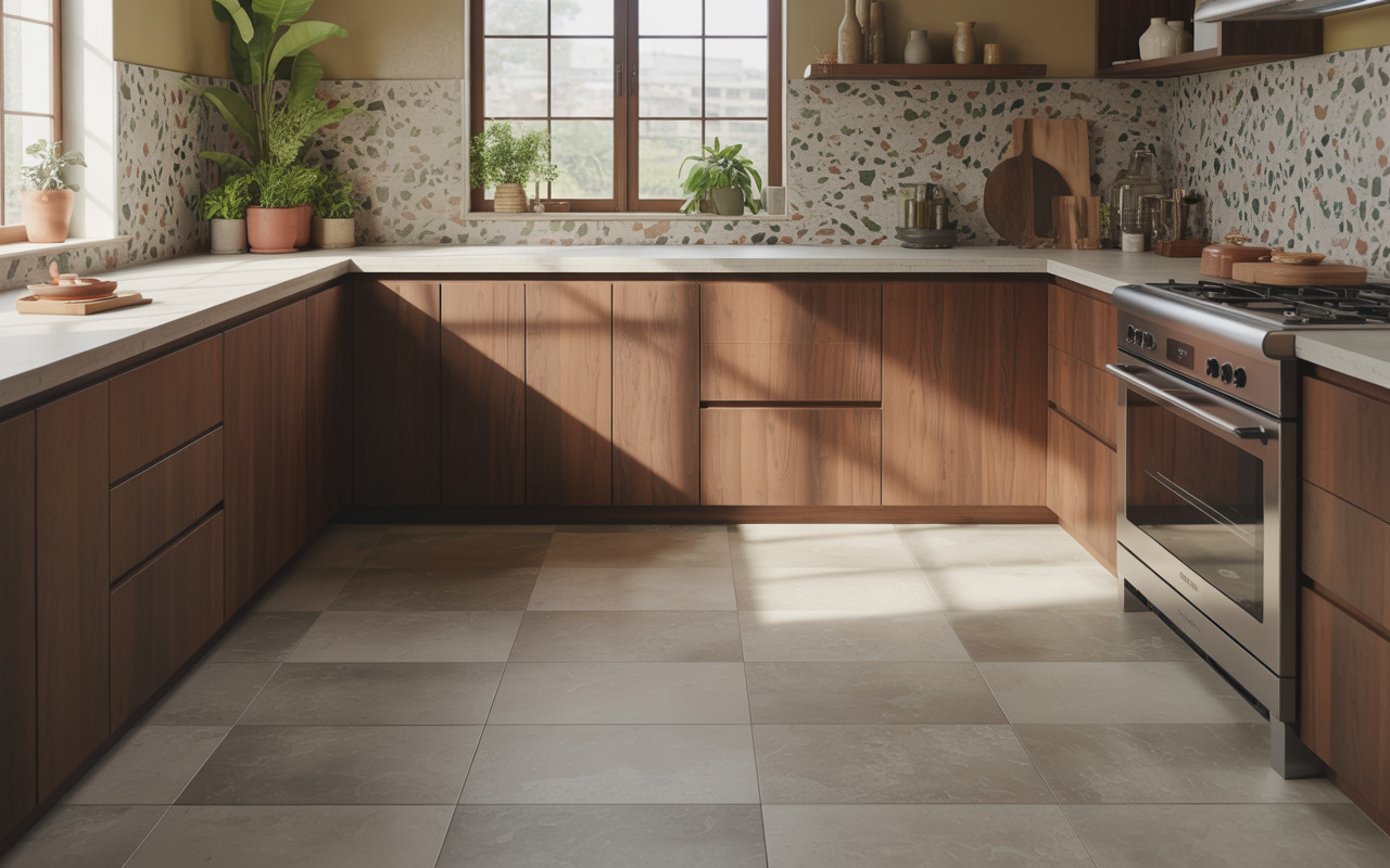 Sunlit modern kitchen tiles design with terrazzo backsplash and checkered flooring