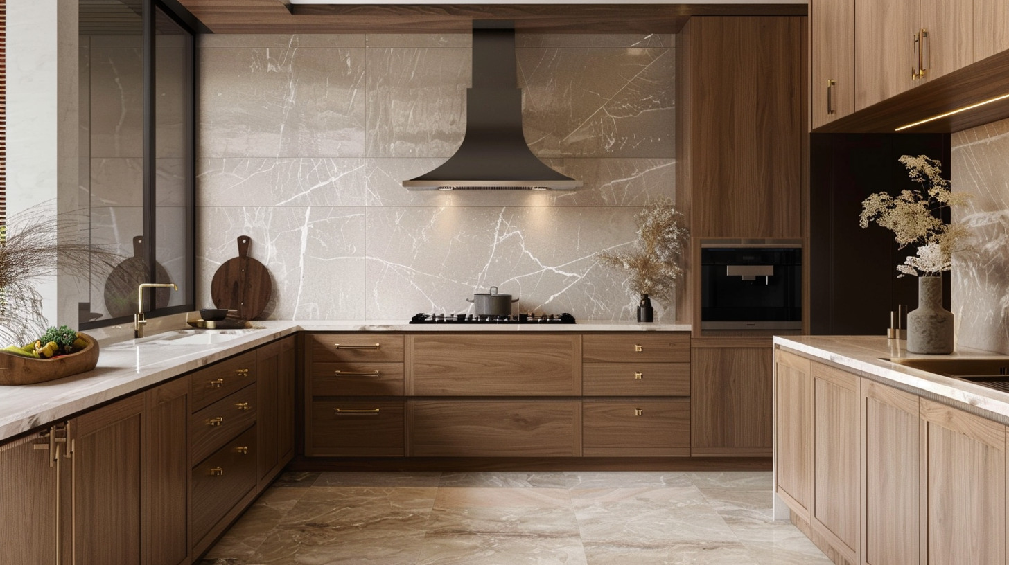 Elegant modern kitchen tiles design with marble backsplash and warm wooden cabinets