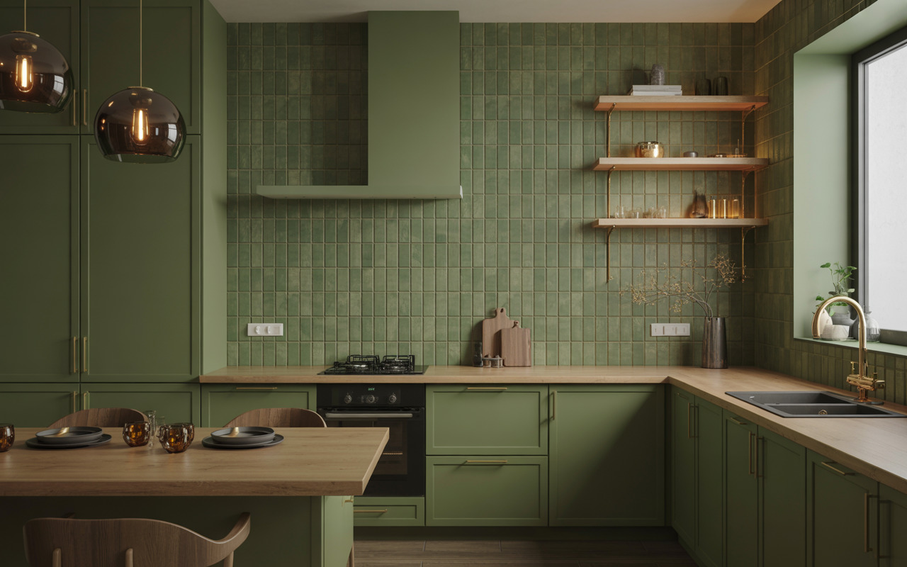 Muted green modern kitchen tiles design with vertical stacked layout