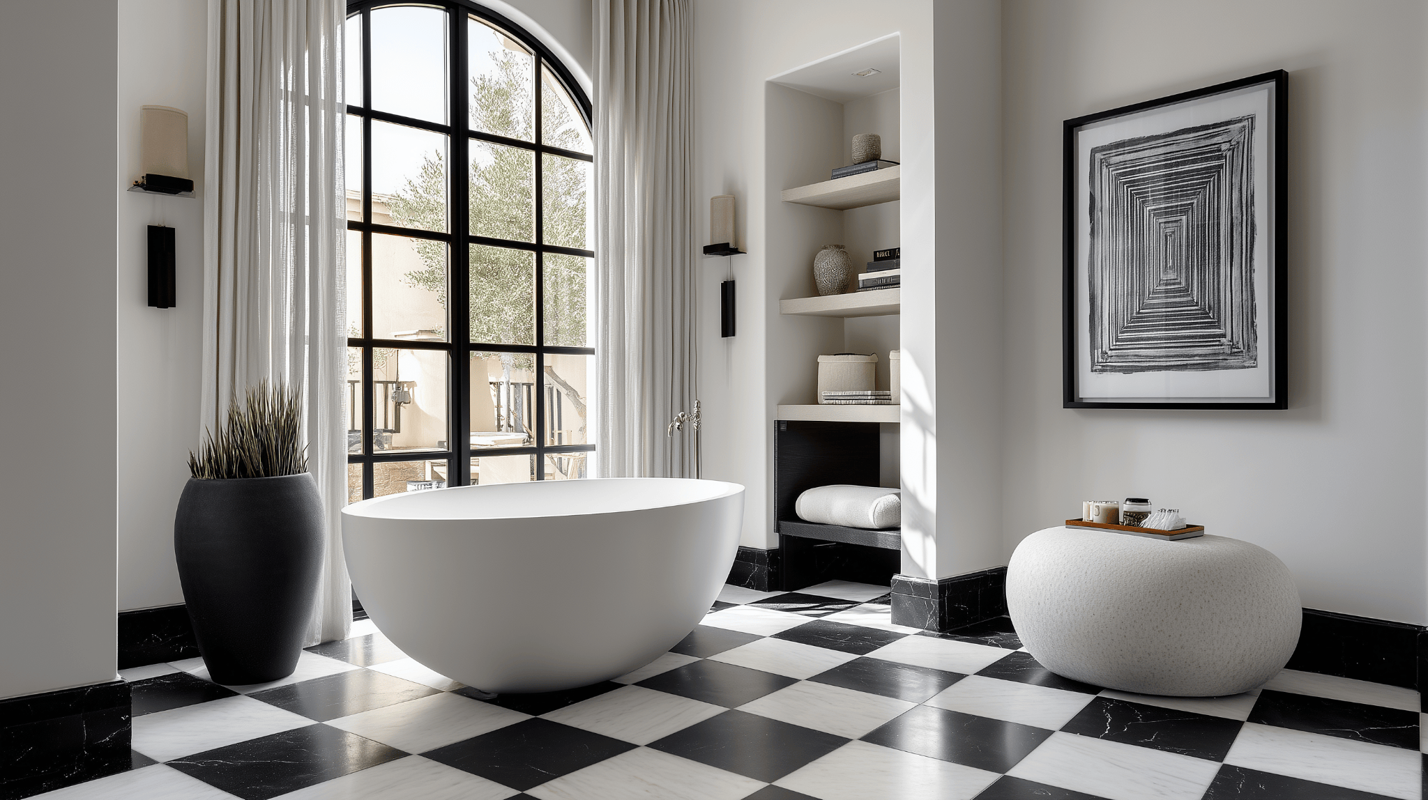Black and white bathroom tiles design with freestanding tub and modern décor