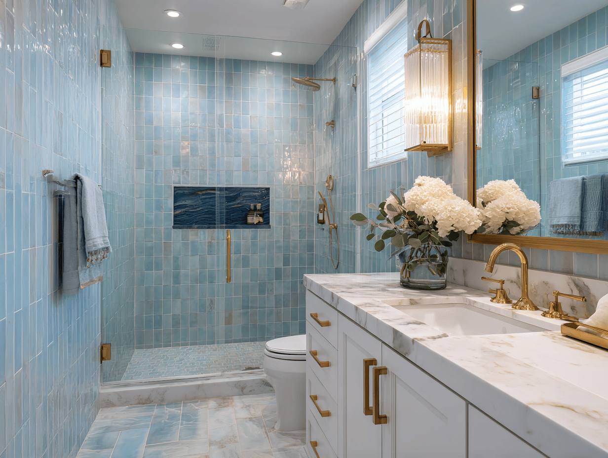 Blue bathroom tiles design with gold fixtures and marble vanity for a luxe look