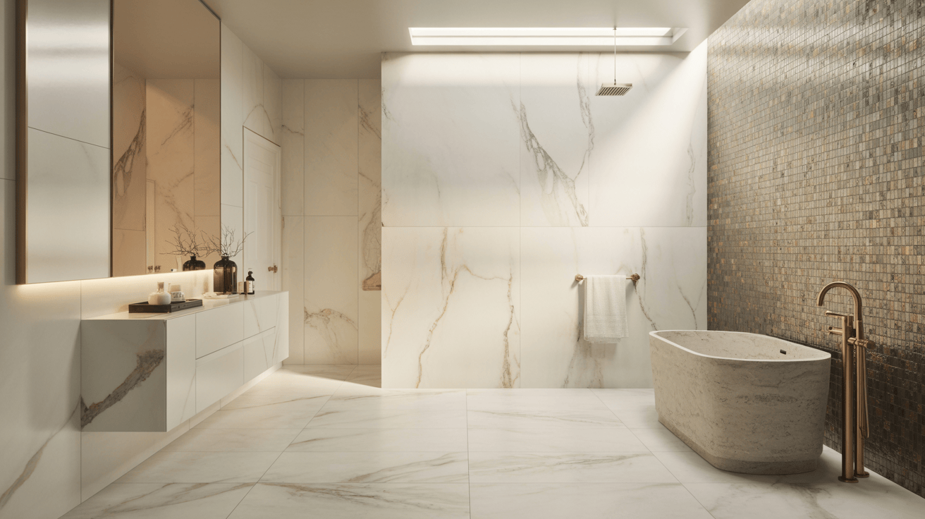Luxury bathroom tiles design with marble walls, mosaic accents, and freestanding tub