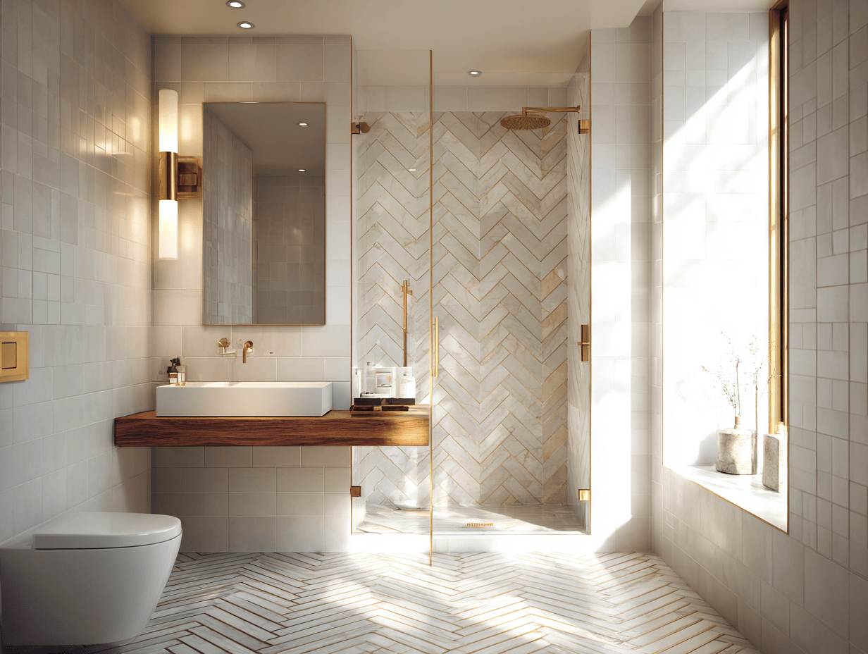 Modern bathroom tiles design with white herringbone floor and gold accent fixtures
