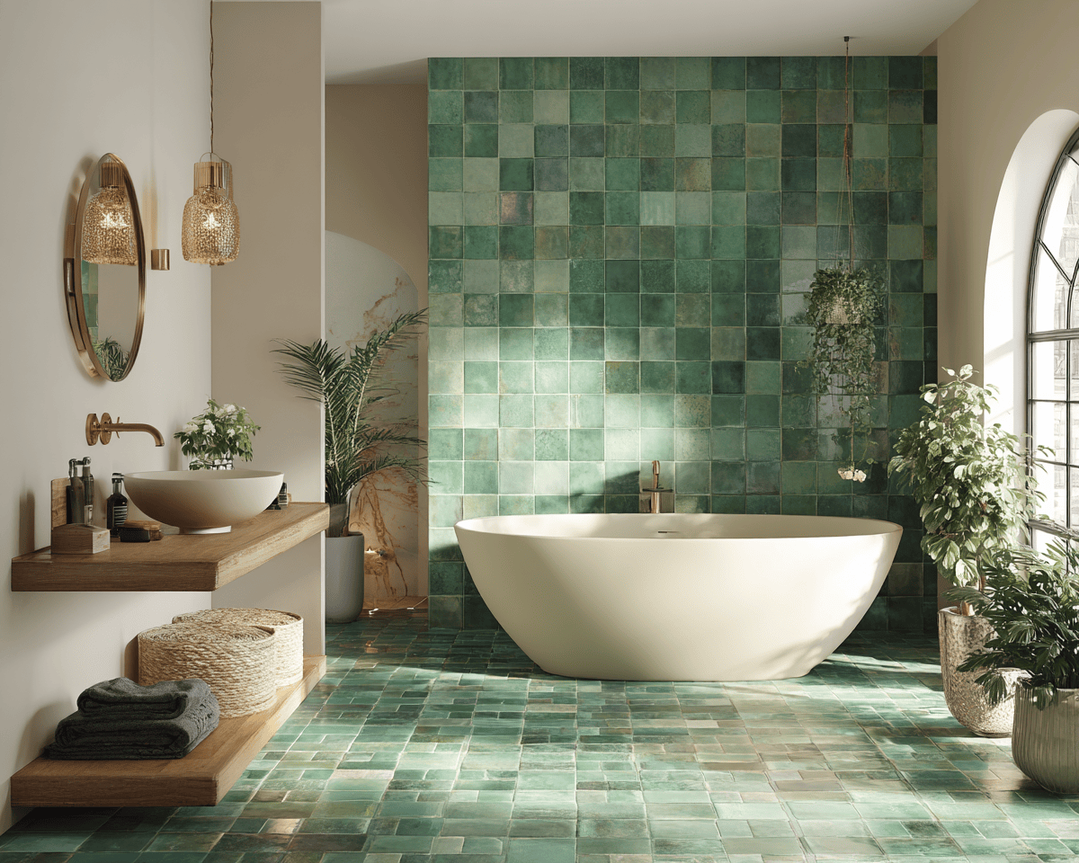 Elegant bathroom tiles design with green wall and floor in a serene spa-style setting