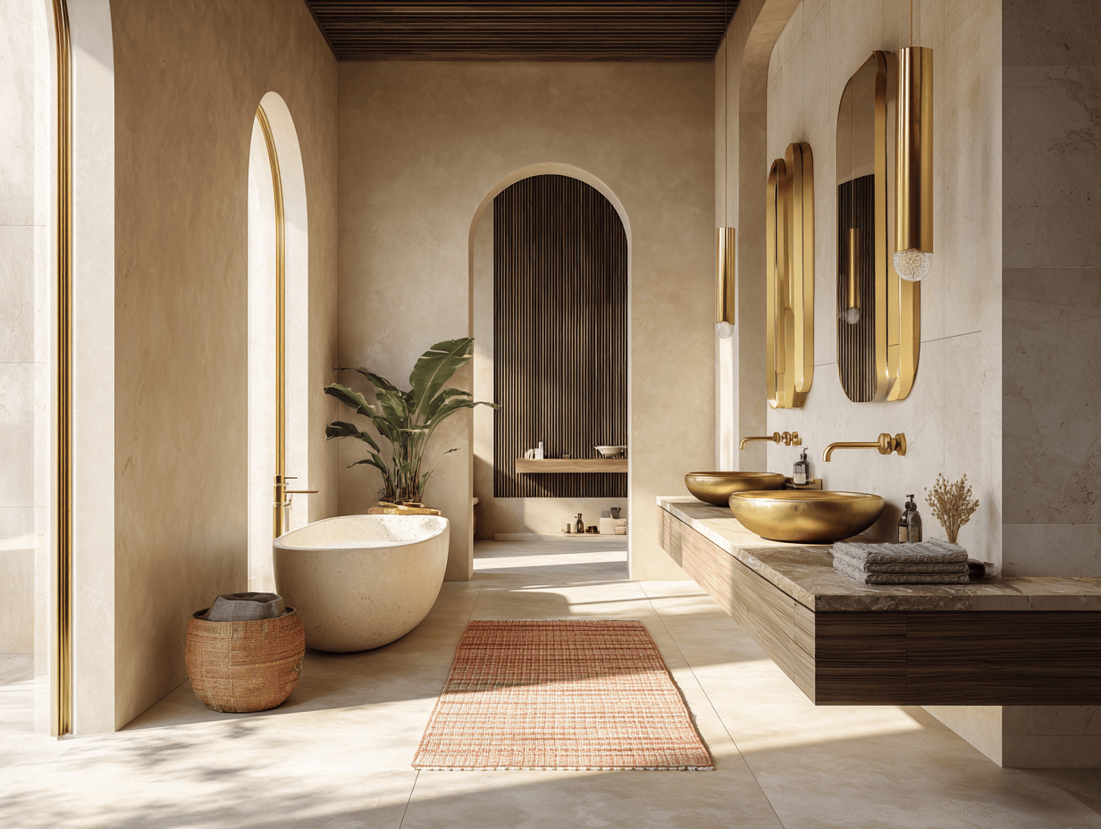 Luxurious simple bathroom design with gold basins, freestanding tub, and arched doorway