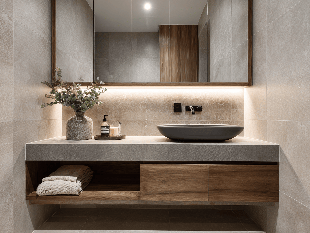 Modern simple bathroom design with grey countertop, wooden drawers, and ambient lighting