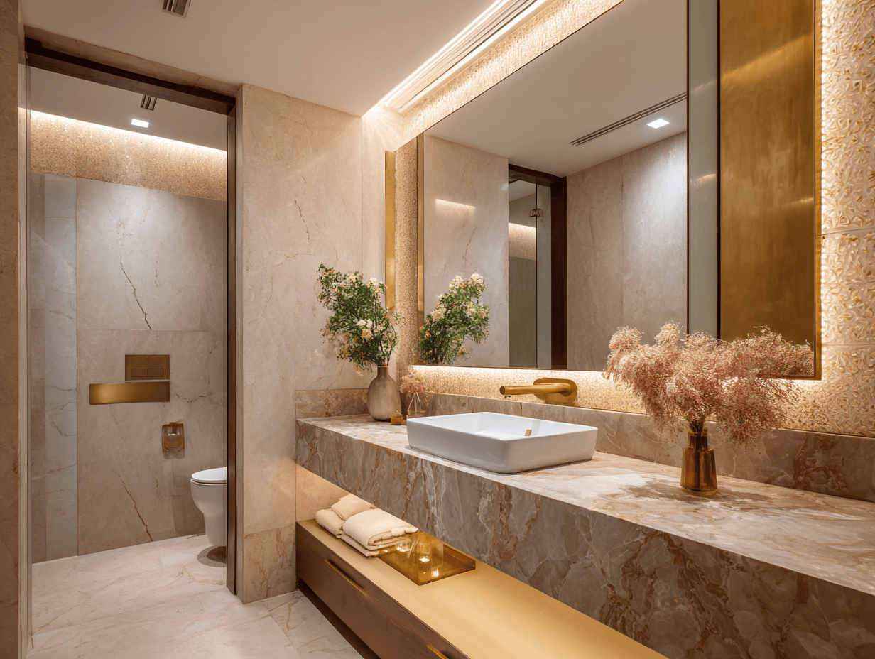 Luxurious simple bathroom design with marble surfaces, gold accents, and soft lighting