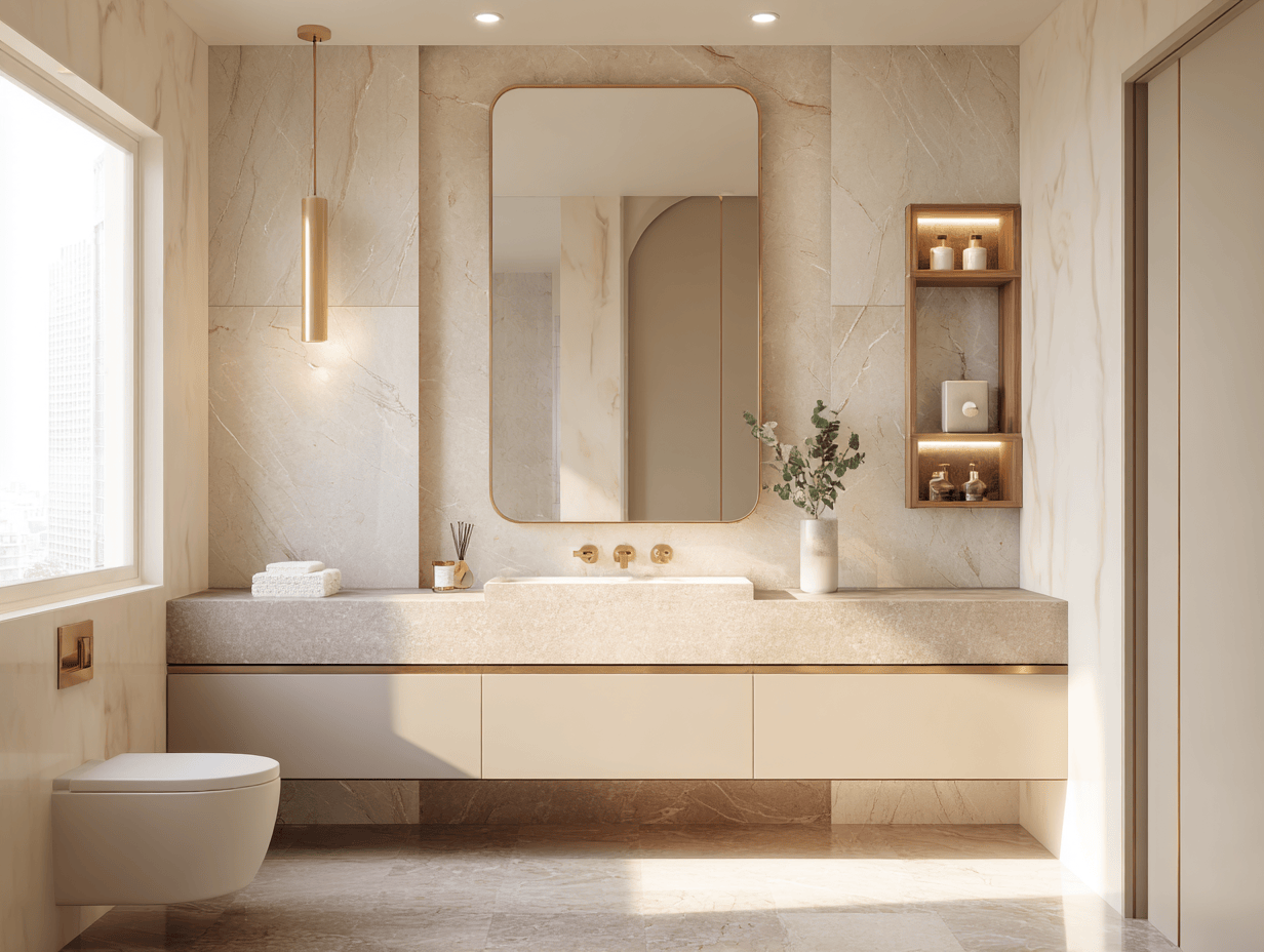 Bright simple bathroom design with beige marble, large mirror, and built-in storage
