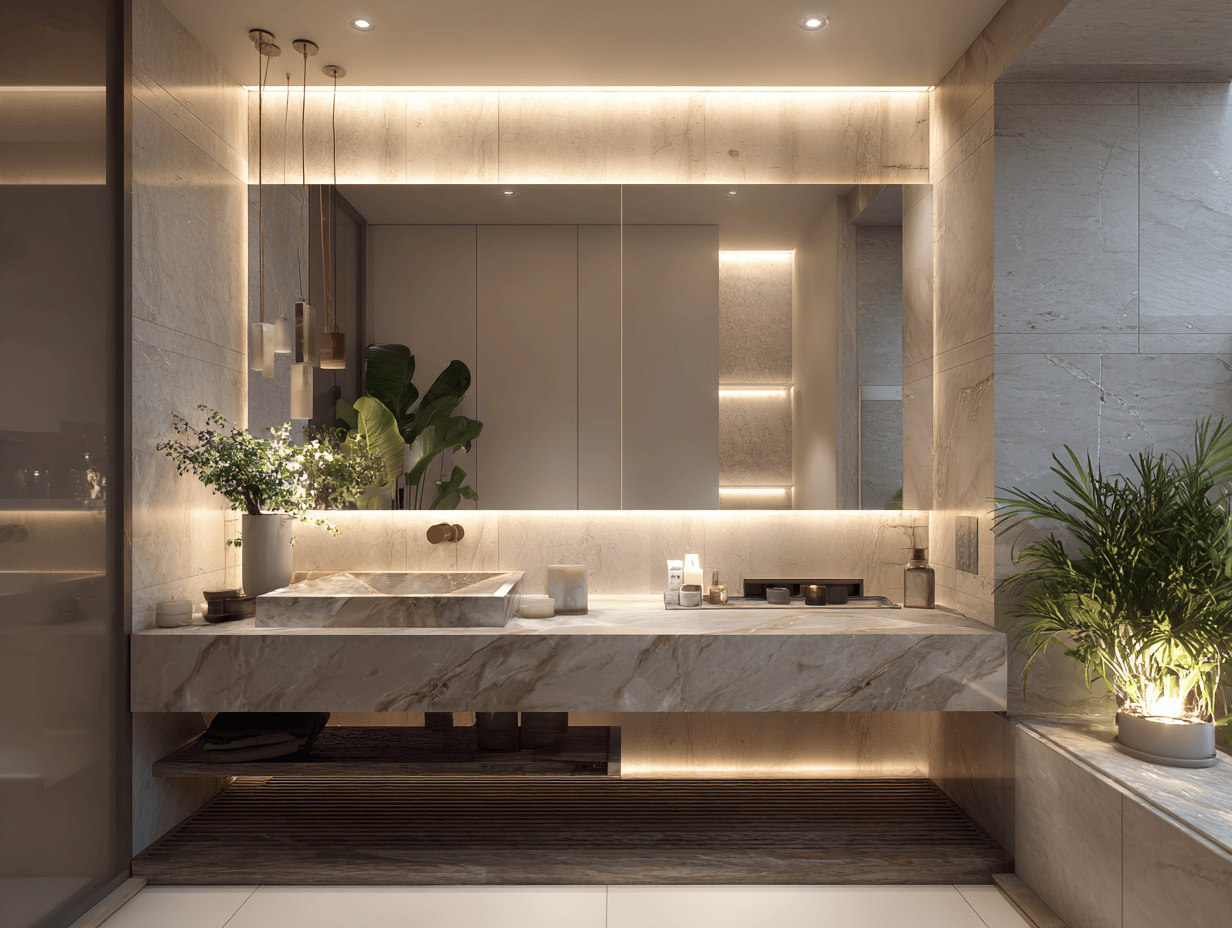 Luxurious simple bathroom design with marble vanity, warm lighting, and greenery accents
