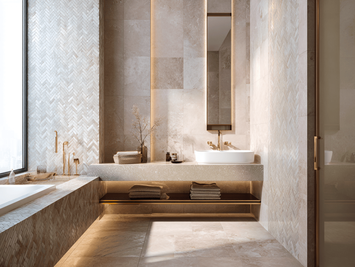 Elegant simple bathroom design with herringbone tiles, gold fixtures, and soft lighting