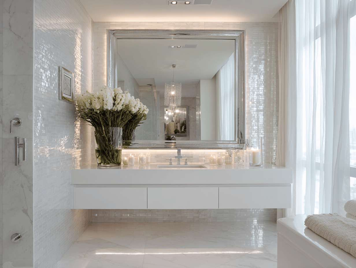 Elegant simple bathroom design with white vanity, large mirror, and floral decor