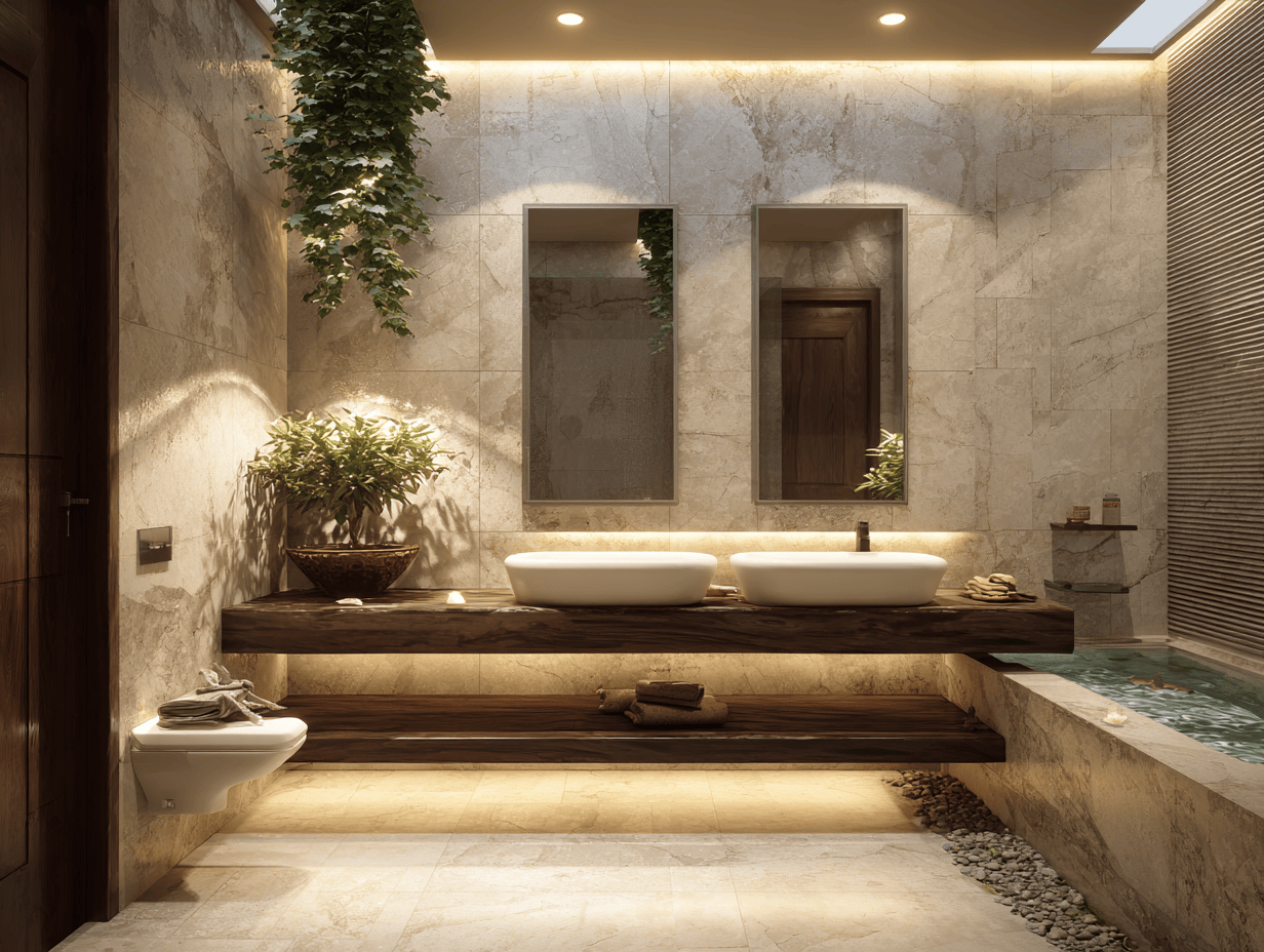Nature-inspired simple bathroom design with double sinks, plants, and indoor water feature