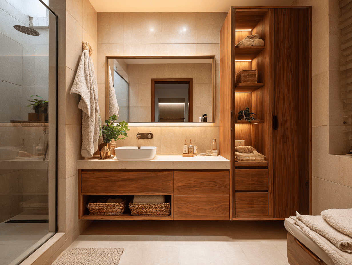 Warm simple bathroom design with wooden cabinets, open shelving, and soft lighting