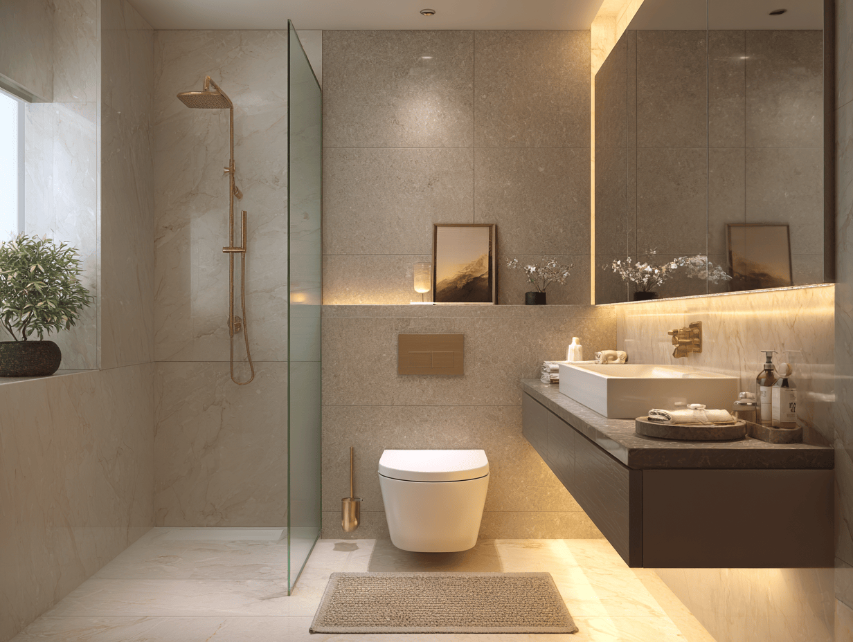 Modern simple bathroom design with glass shower, gold fixtures, and warm lighting