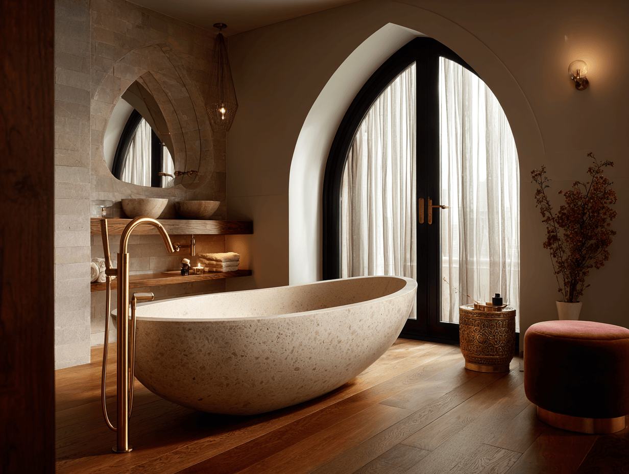 Cozy bathtub design ideas with freestanding stone tub and arched window