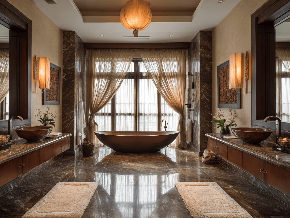  Luxurious master bathtub ideas in a grand marble bathroom with warm lighting