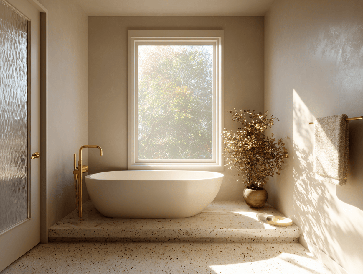 Minimalist bathtub design ideas with white freestanding tub and golden accents