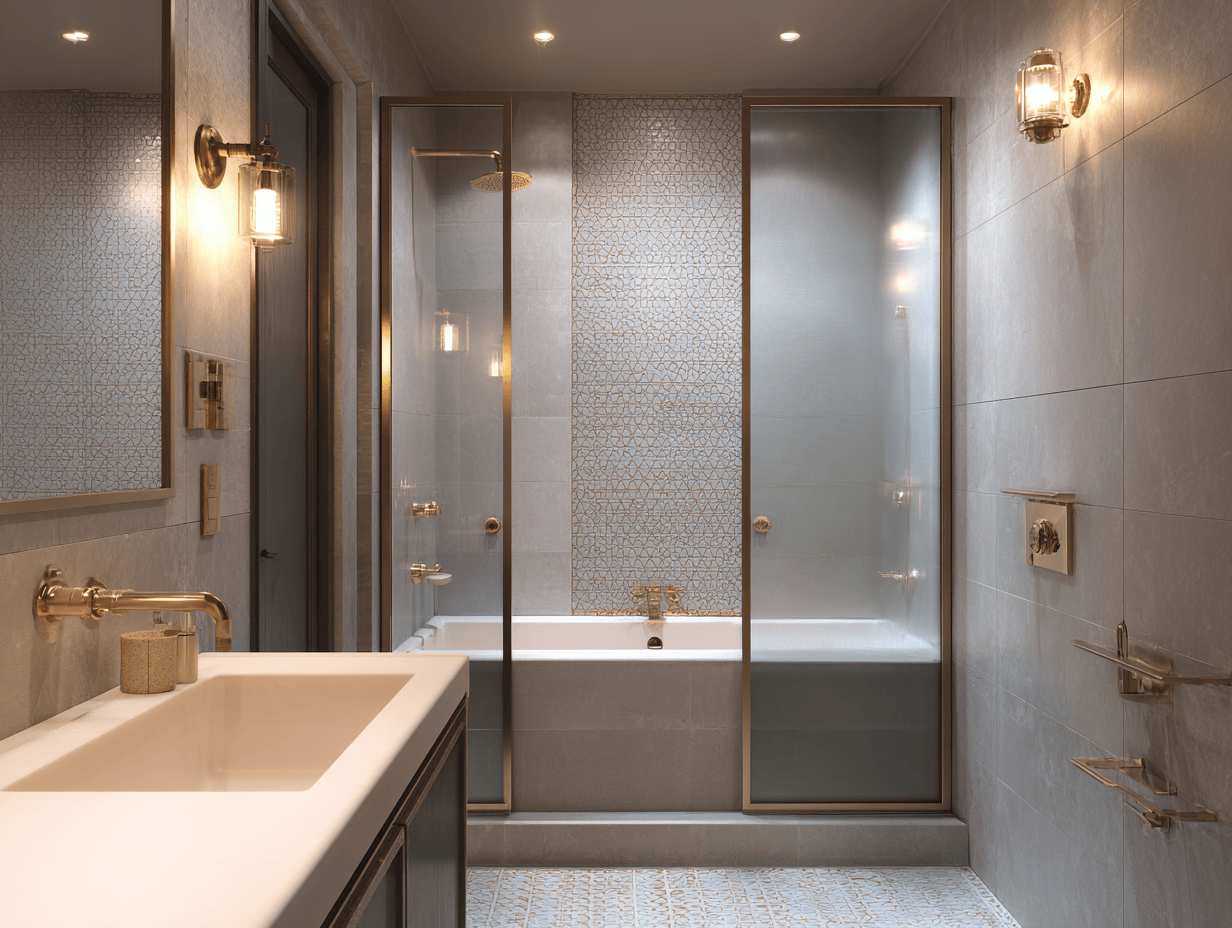 Stylish bathtub design ideas in a sleek gray bathroom with gold accents