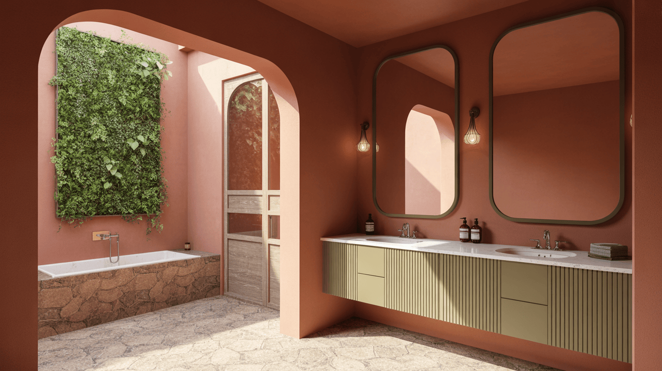 Charming modern bathroom design with coral walls and vertical garden view