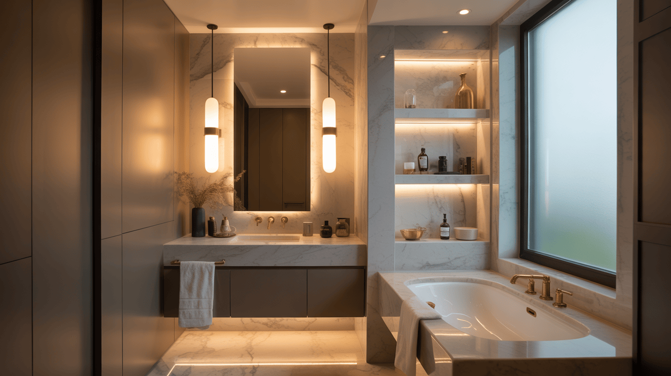 Elegant modern bathroom design with marble vanity built in shelves and bathtub