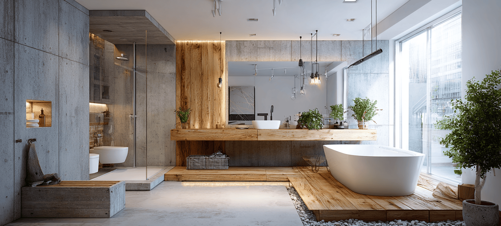 Stylish modern bathroom design with wood accents and indoor greenery