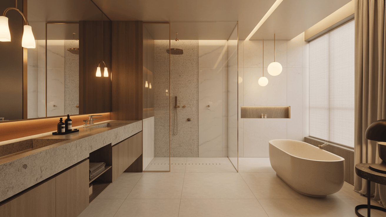 Stylish modern bathroom design ideas featuring glass shower and stone vanity