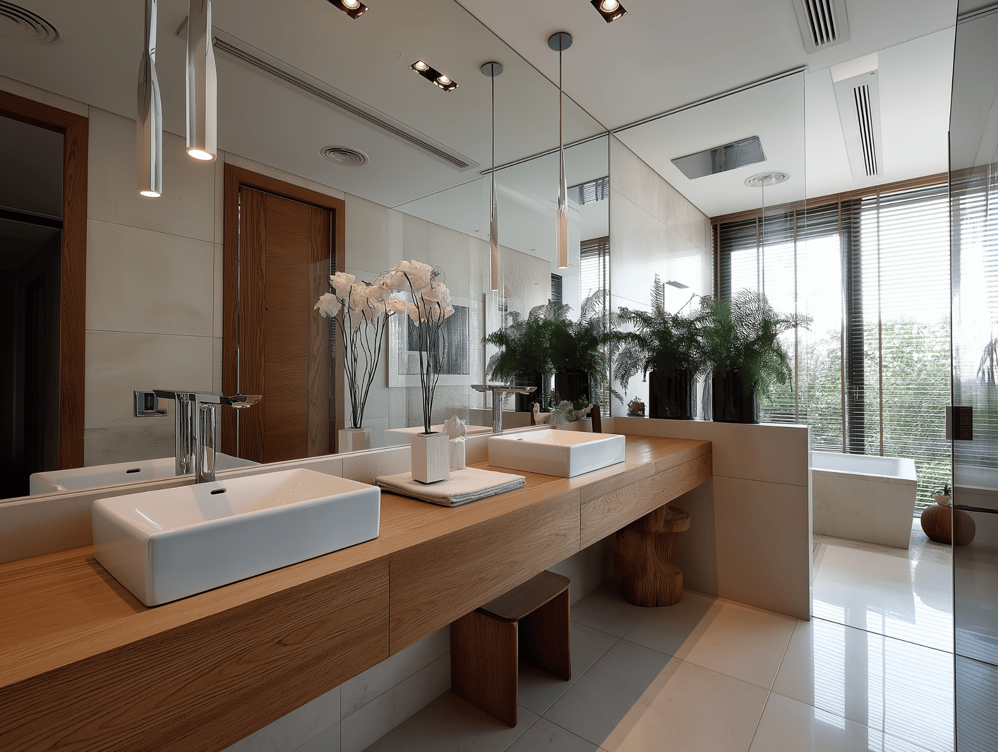 Elegant modern bathroom design with wood vanity and large mirror