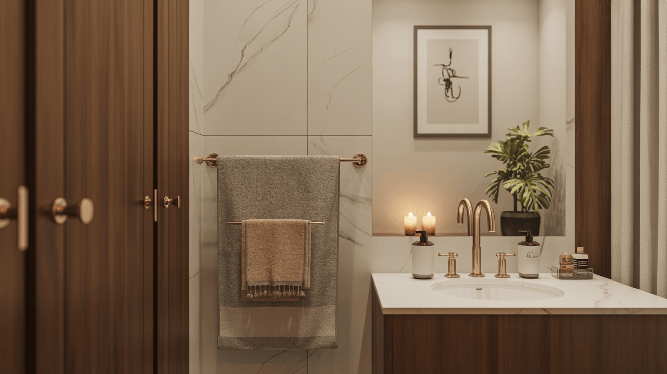 Cozy modern bathroom design with wood accents and warm ambient lighting