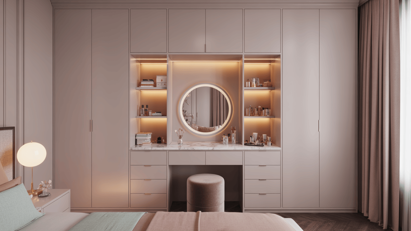 Bedroom cupboard design with integrated dressing table, round mirror, and warm lighting