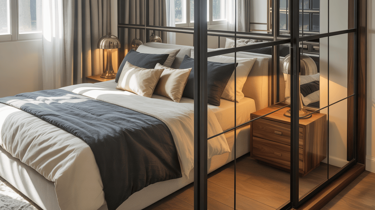 Modern cupboard design for bedroom with mirrored sliding doors and elegant wooden frame