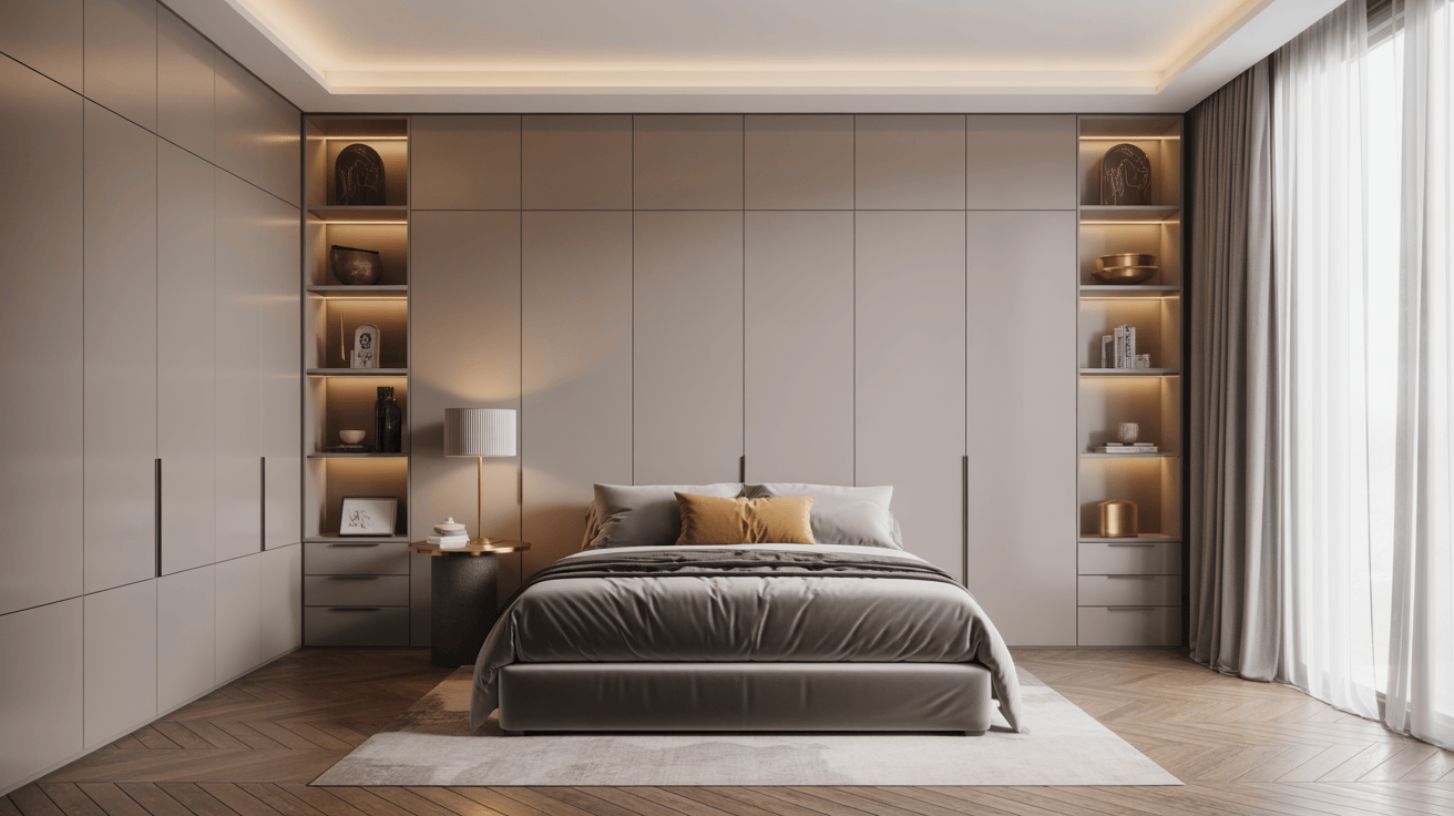 Modern cupboard design for bedroom with built-in open shelves and warm ambient lighting