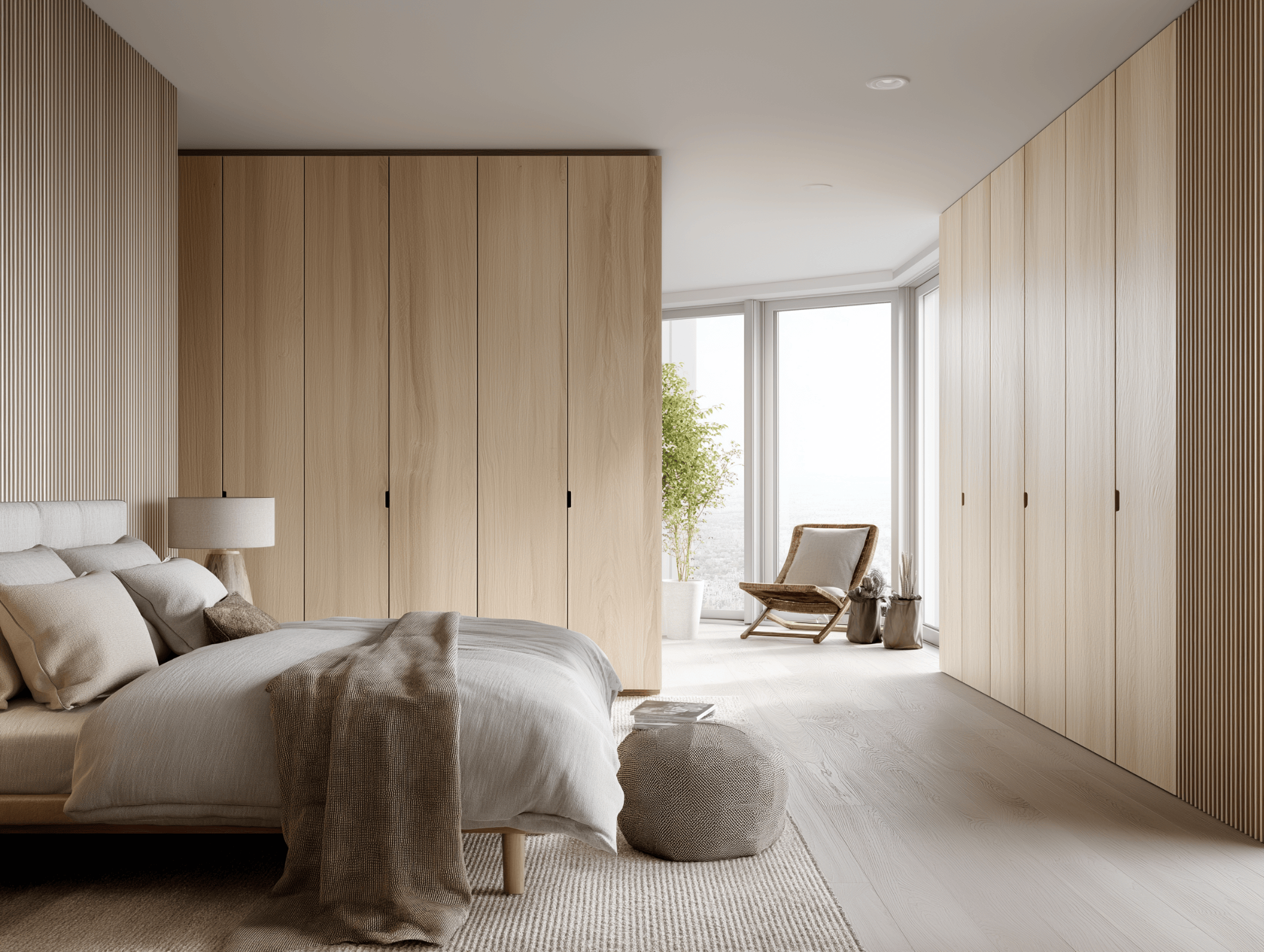 Serene modern cupboard design for bedroom with light wood finish and minimalist interiors