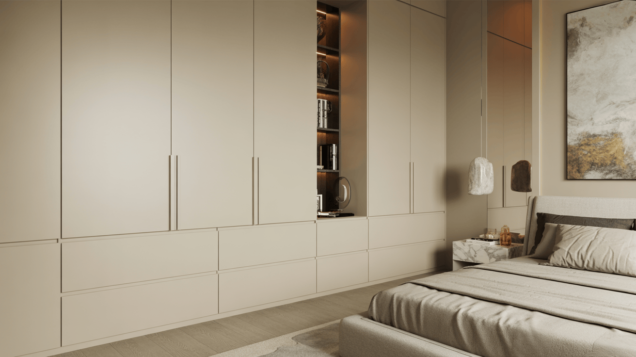 Minimalist cupboard design for bedroom with sleek beige finish and open display shelves