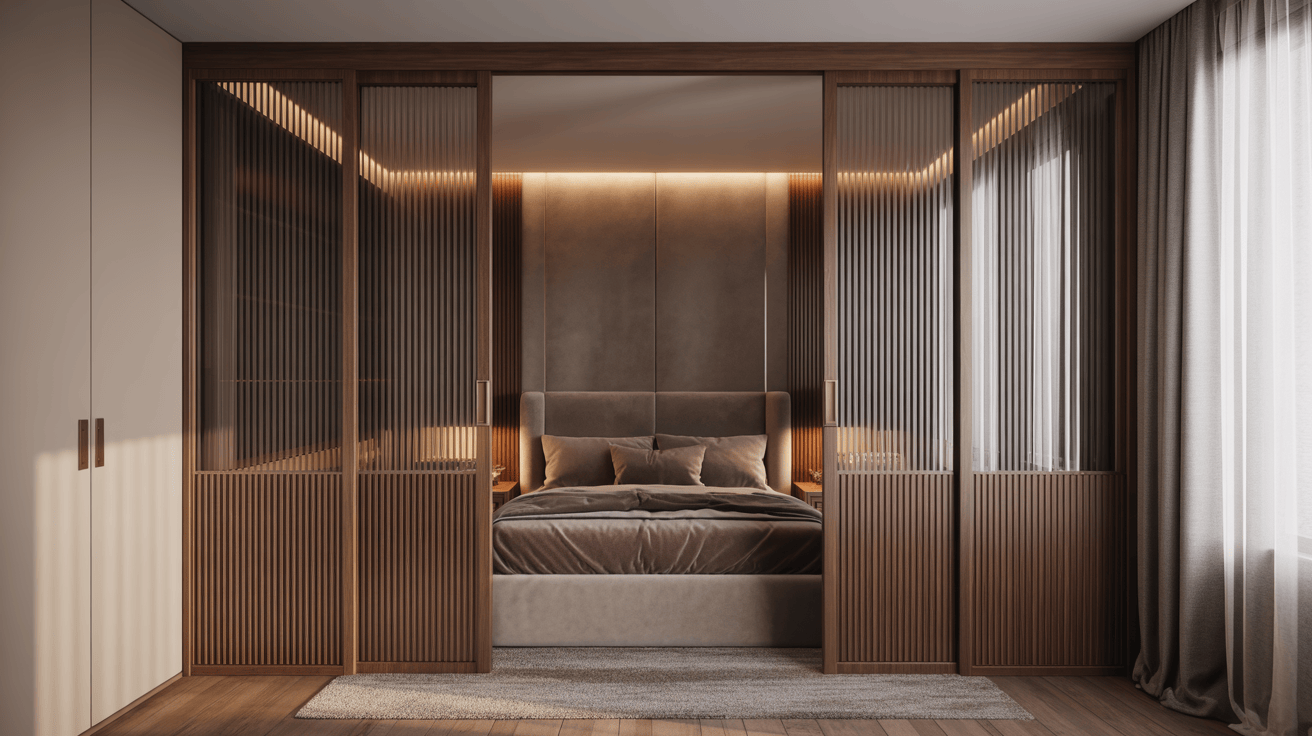 Elegant wooden cupboard design for bedroom with sliding glass panels and warm lighting