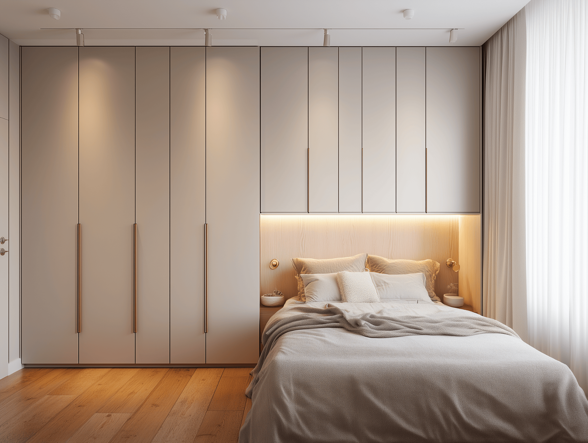 Cupboard design for bedroom with overhead storage and built-in warm headboard lighting